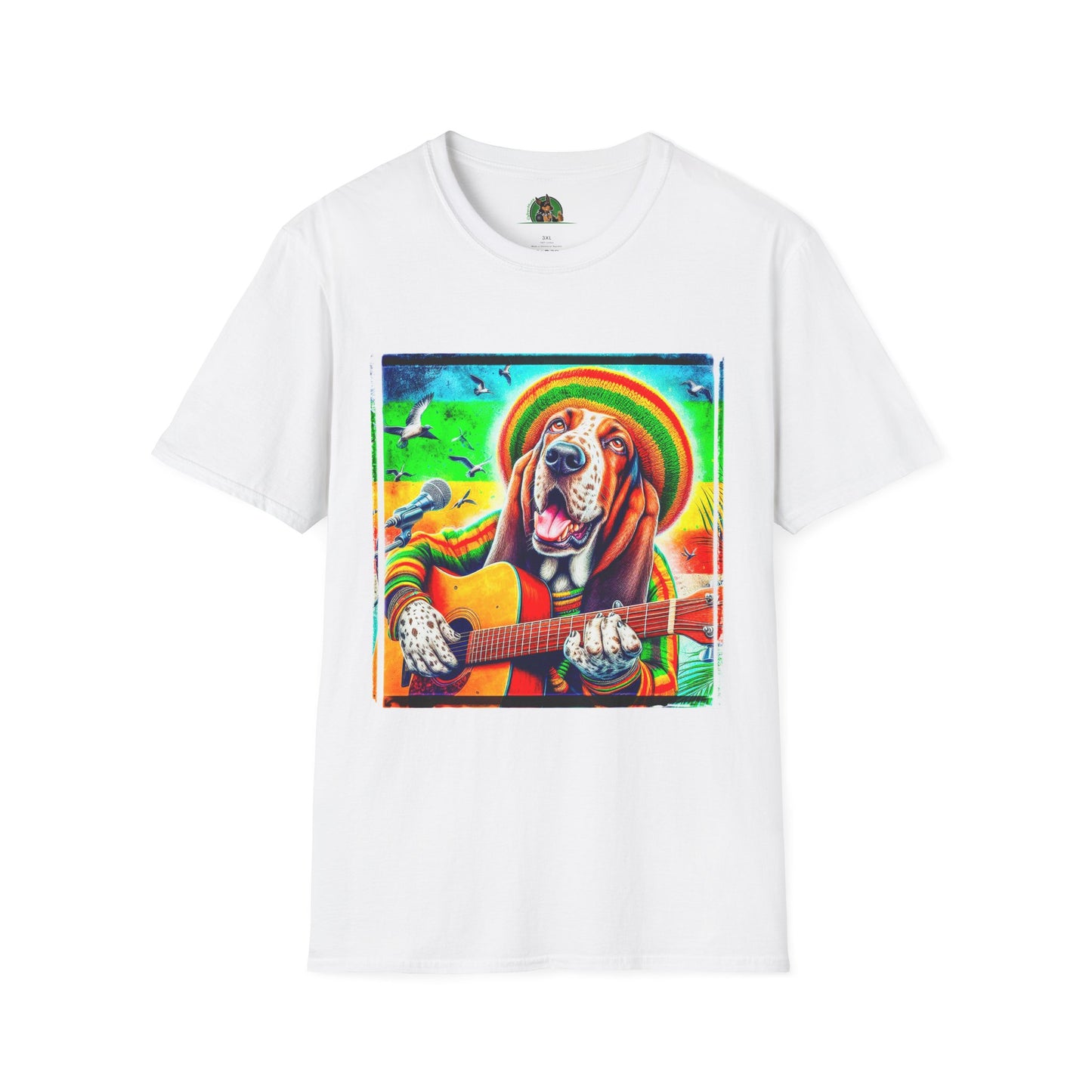 Basset Hound Rasta Dog Playing Guitar T-Shirt Printify XS White 