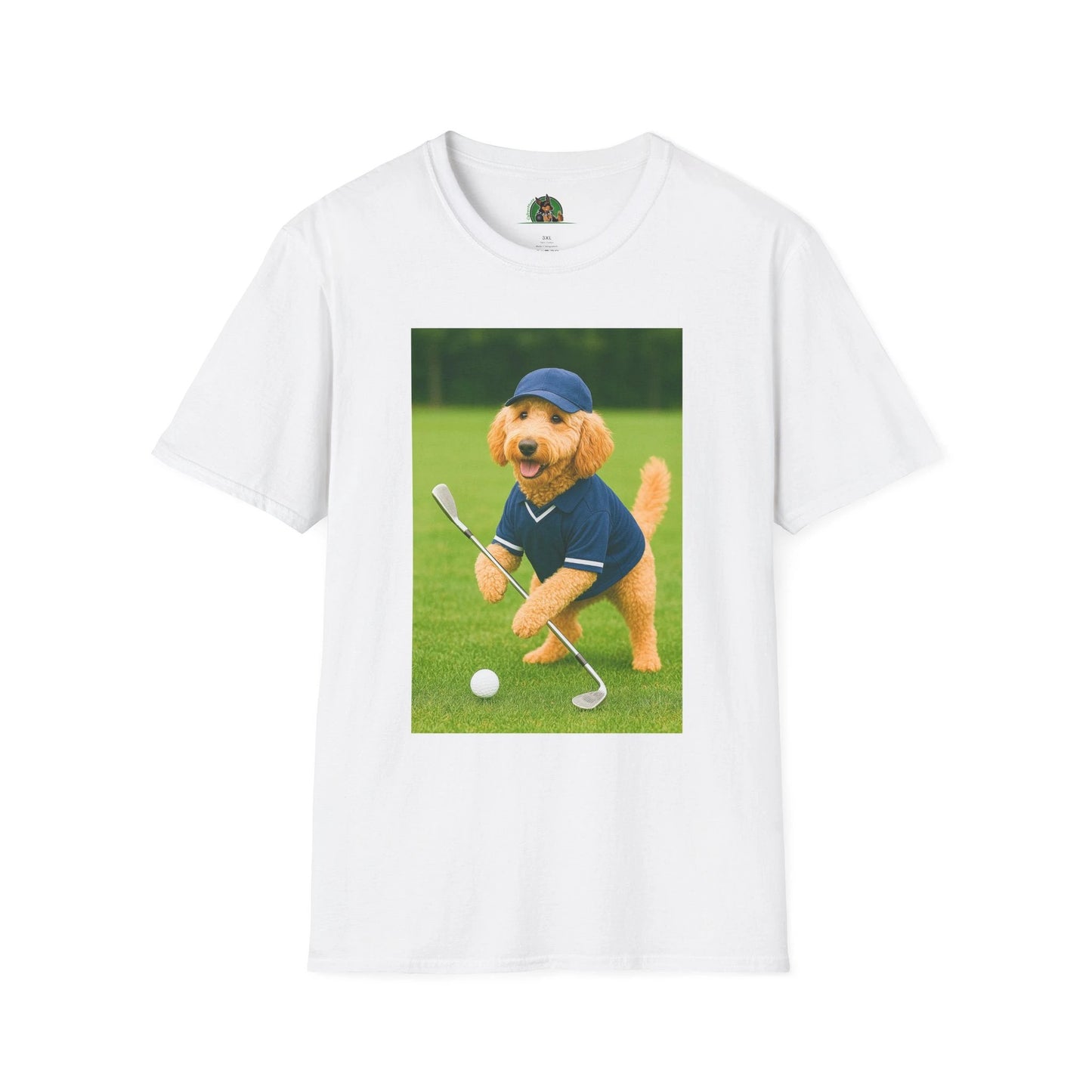 Golden Doodle Playing Golf T-Shirt — Sports Dog Golfing Tee T-Shirt Printify White S