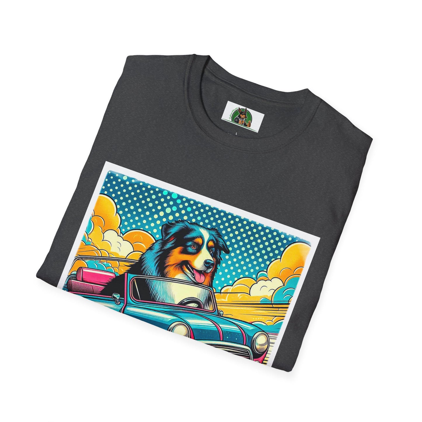 Wacky Australian Shepherd Dog In Colorful Car T-Shirt Printify