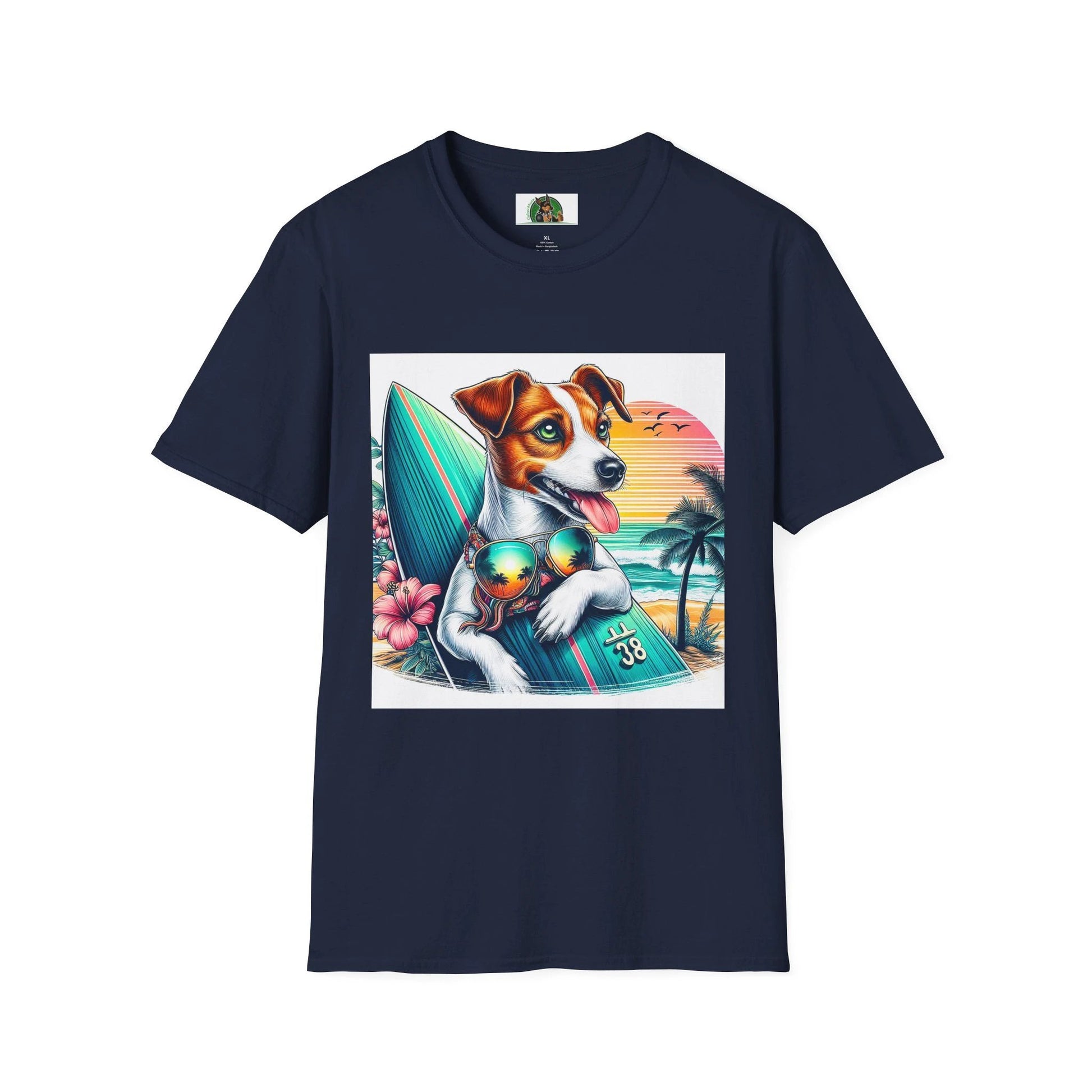 Jack Russell Sunset Surfer T-Shirt Printify S Navy
