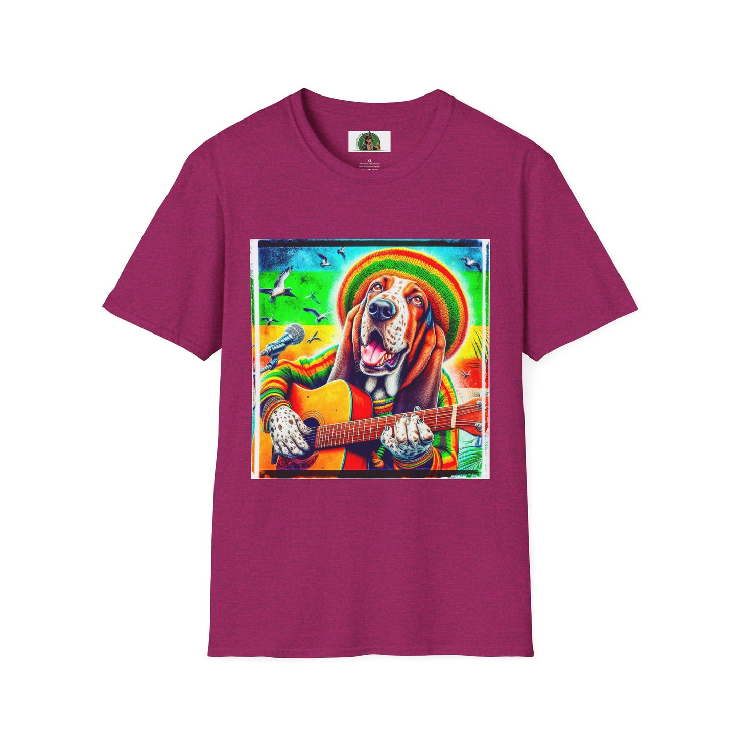 Basset Hound Rasta Dog Playing Guitar T-Shirt Printify S Antique Heliconia 