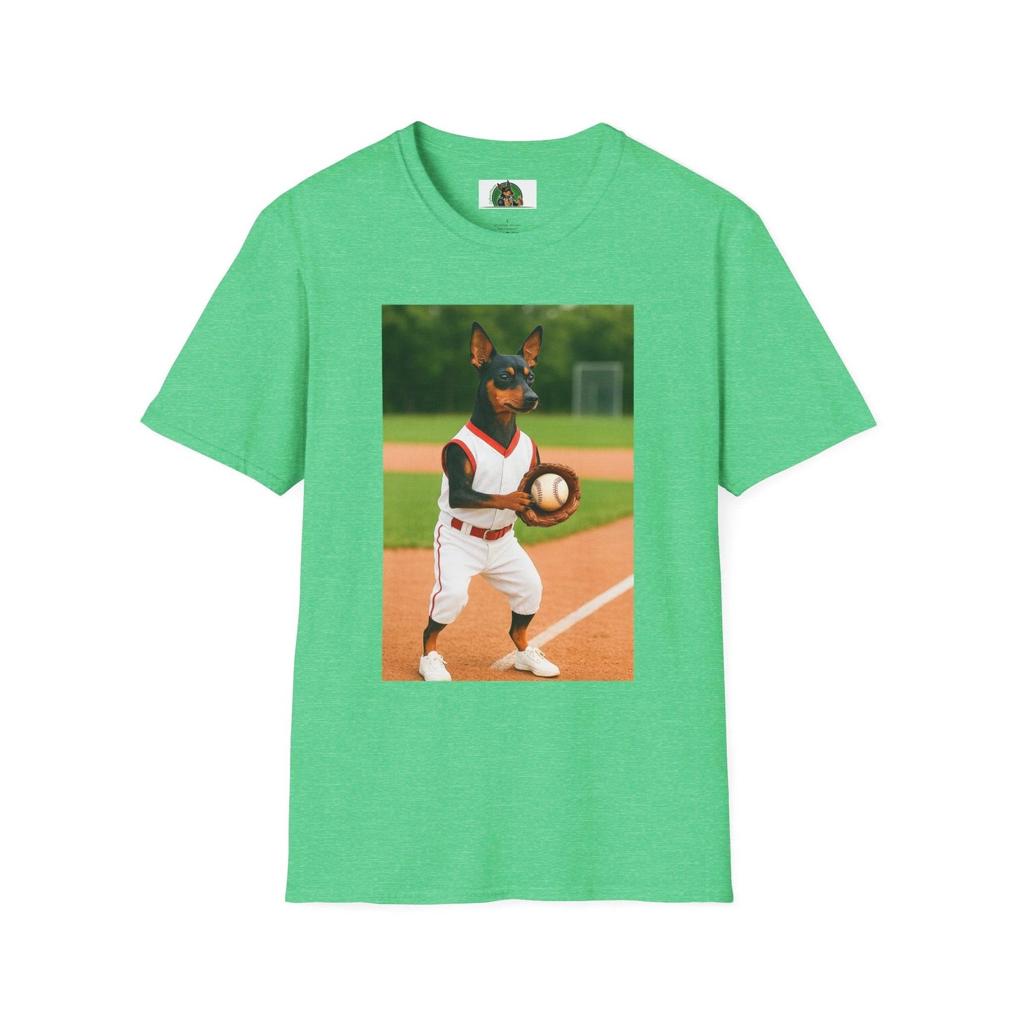Min Pin Baseball Tee — Miniature Pinscher Dog Lover Sports T-Shirt T-Shirt Printify Heather Irish Green S