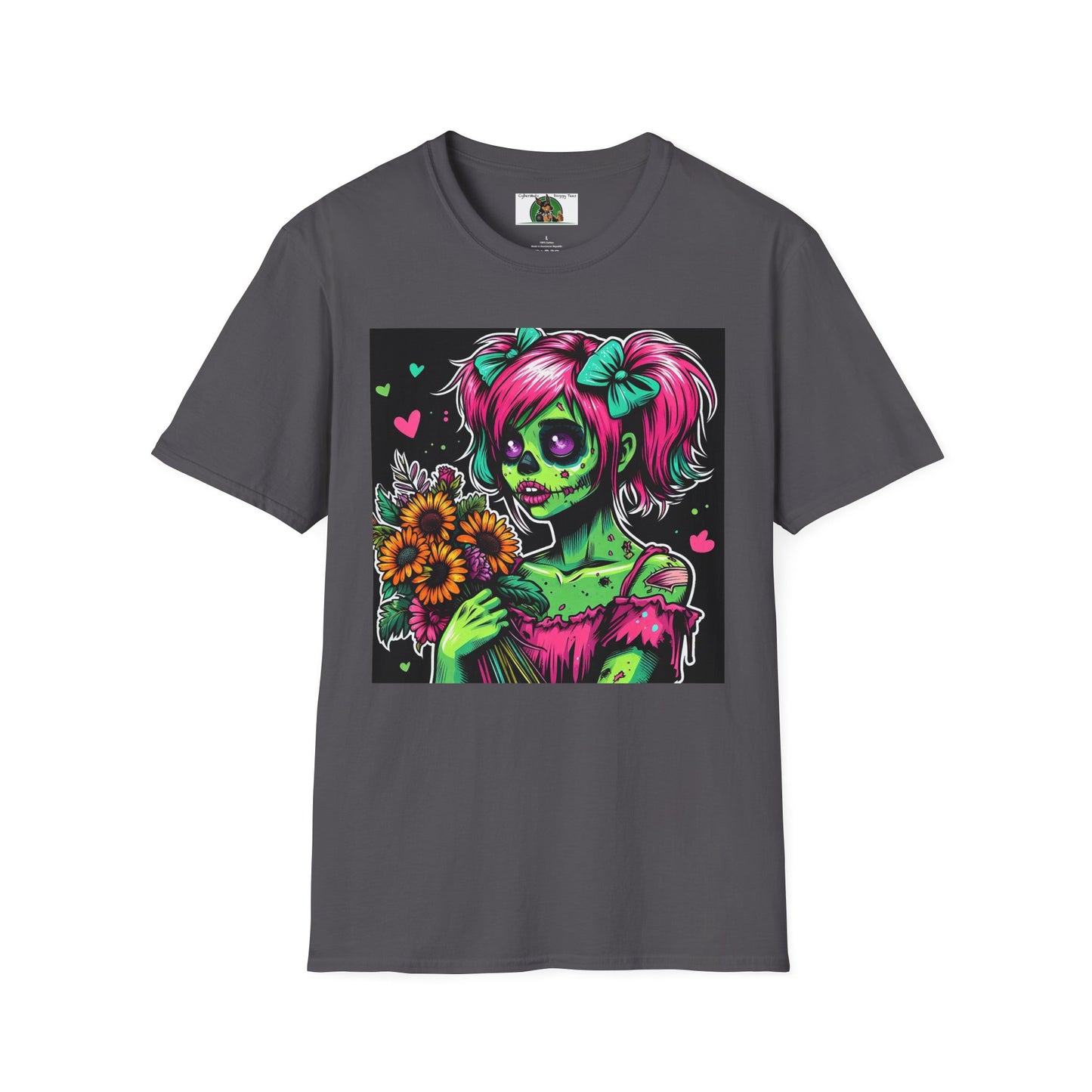 Zombie Pinup Girl with Flowers T-Shirt Printify Charcoal S 