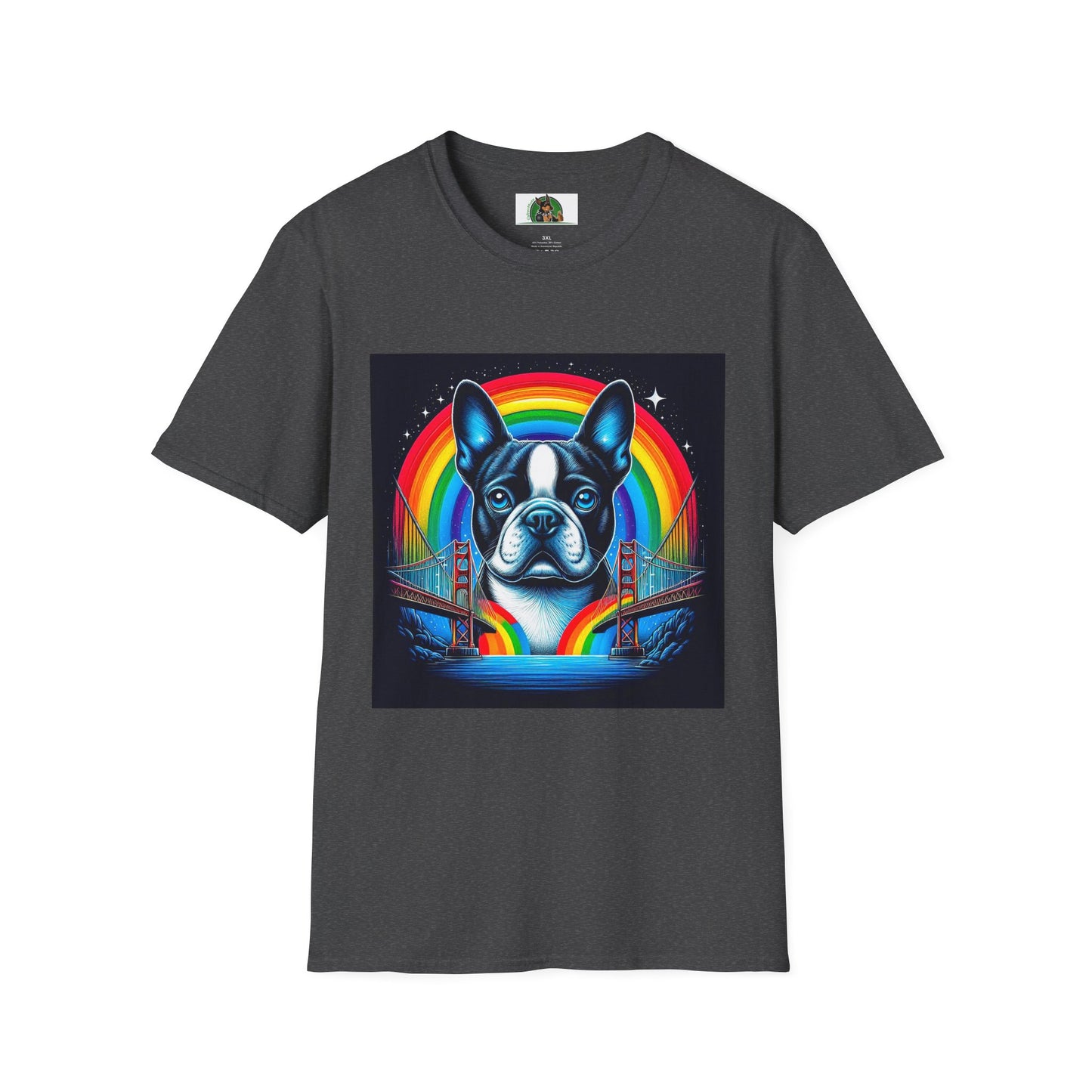 Boston Terrier Dog Overlooking Rainbow Bridge T-Shirt Printify XS Dark Heather 