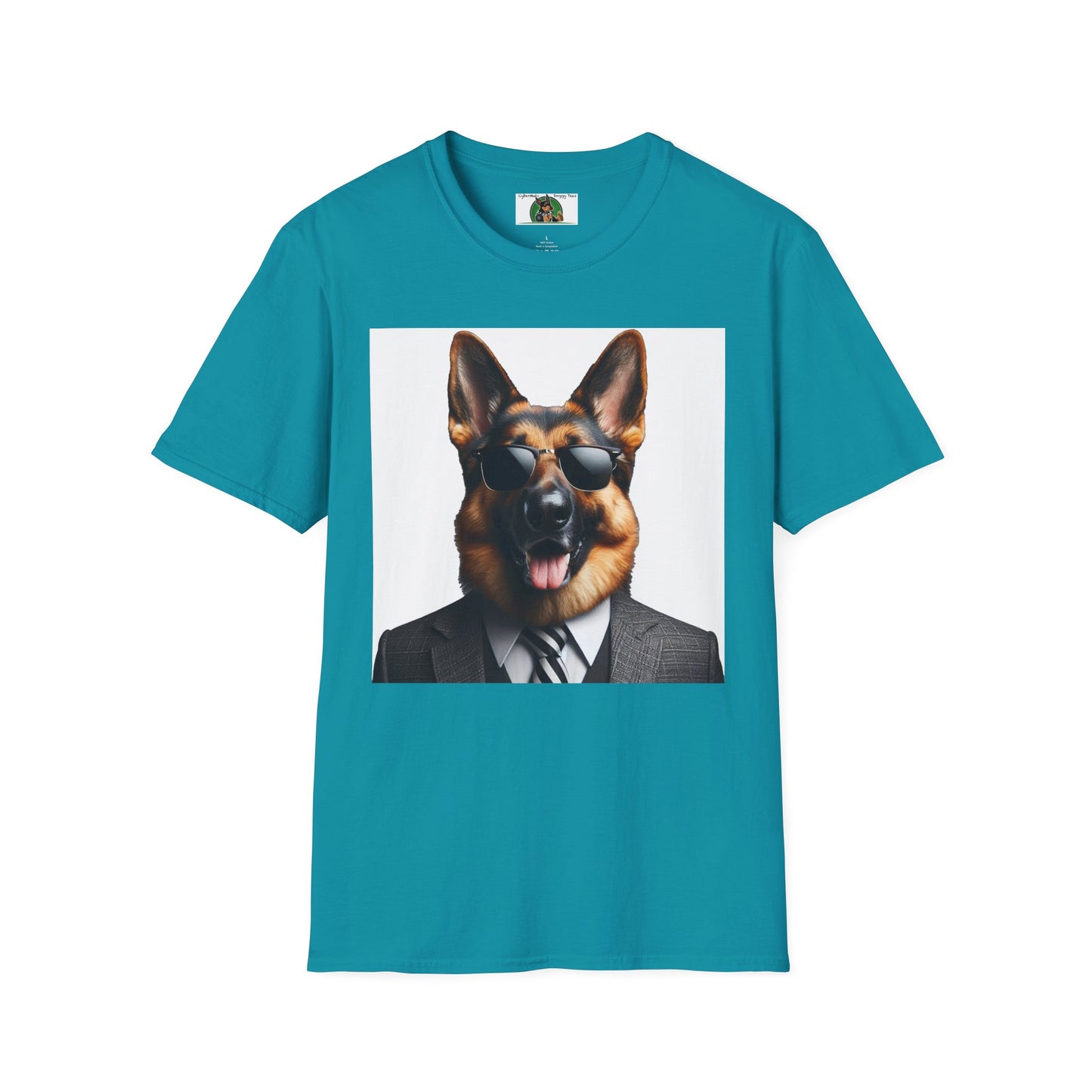German Shepherd in Suit and Sunglasses Unisex Softstyle T-Shirt T-Shirt Printify S Tropical Blue