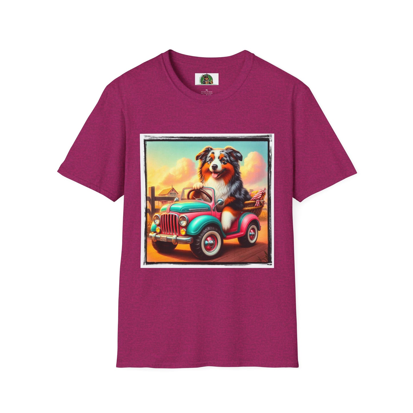 Wacky Australian Shepherd Dog In Mini Truck T-Shirt Printify S Antique Heliconia 