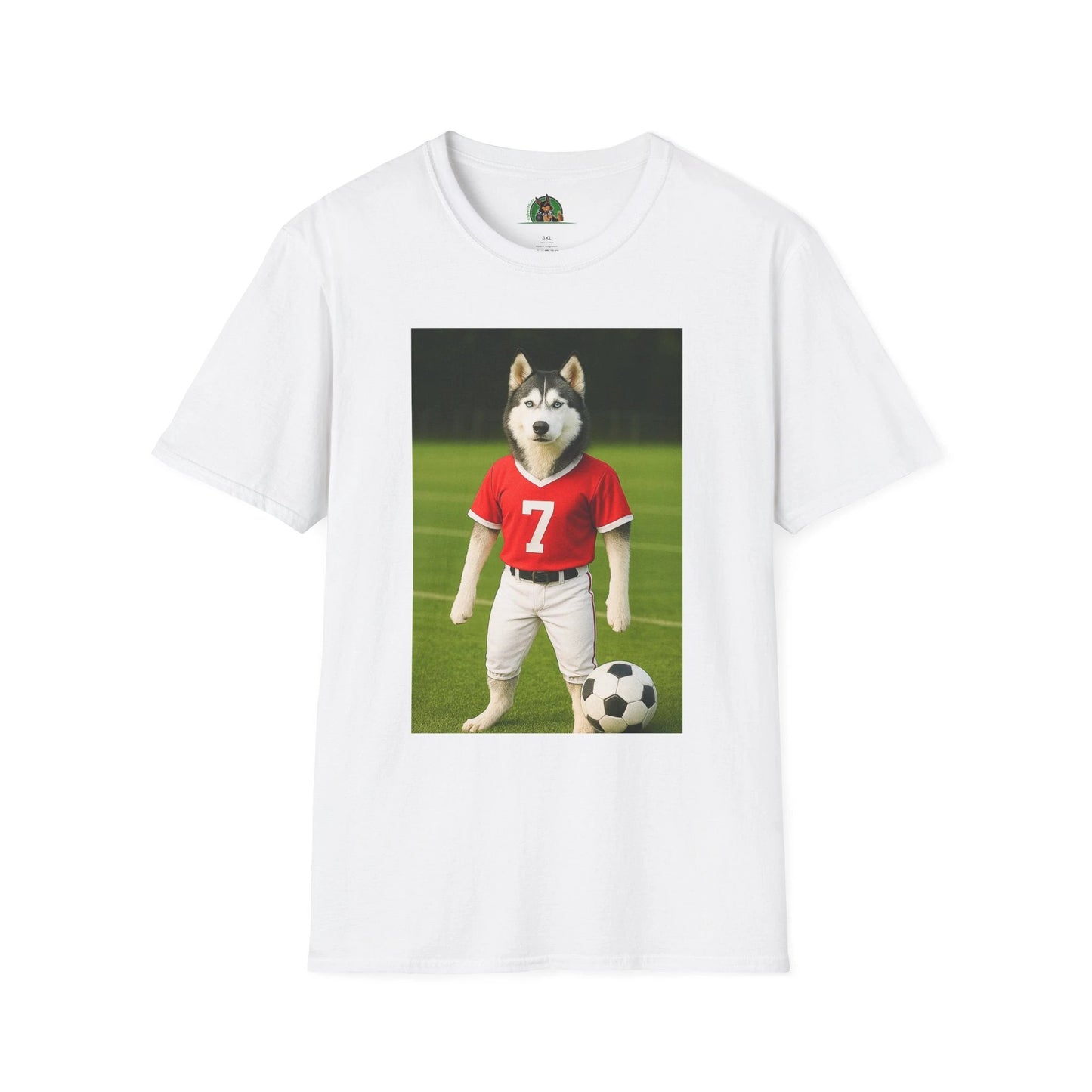 Husky Soccer T-Shirt — Sports Dog Playing Soccer Tee T-Shirt Printify White S