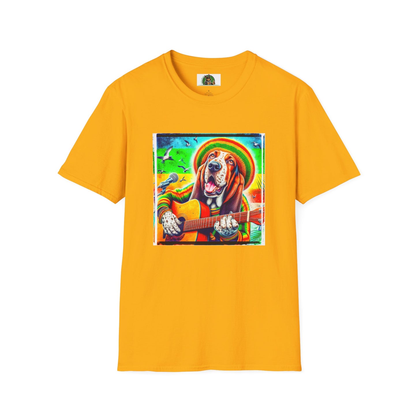 Basset Hound Rasta Dog Playing Guitar T-Shirt Printify S Gold