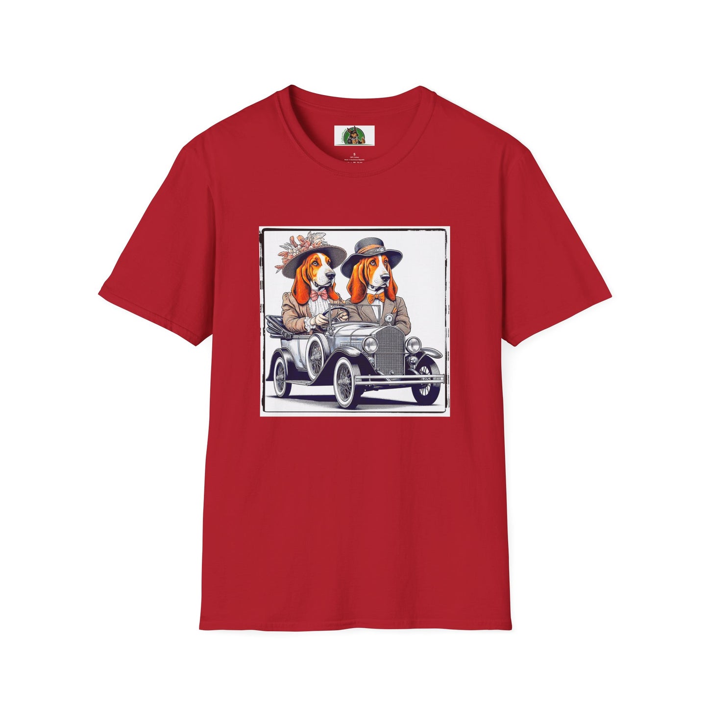 Wacky Basset Hound Couple Riding In Old Car T-Shirt Printify S Cherry Red