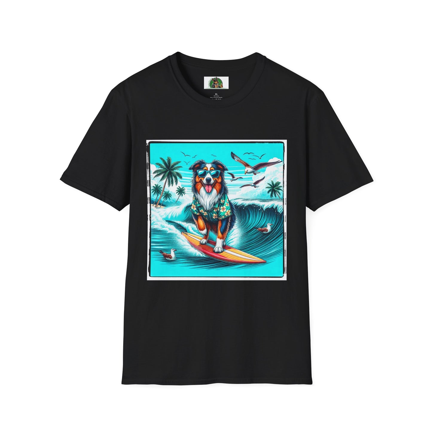 Australian Shepherd Wearing Hawaiian Shirt Surfer Dog T-Shirt Printify XS Black 