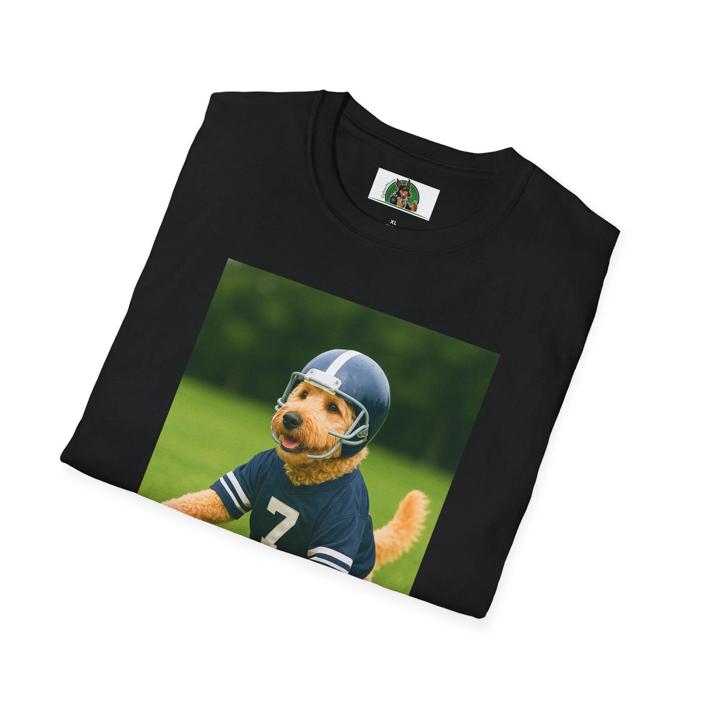 Golden Doodle Playing Football T-Shirt — Sports Dog Lover Tee by Printify