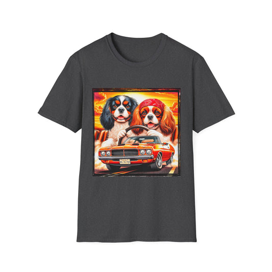 Cavalier King Charles Spaniel Hippie Couple Dogs In Car TShirt T-Shirt Printify XS Dark Heather