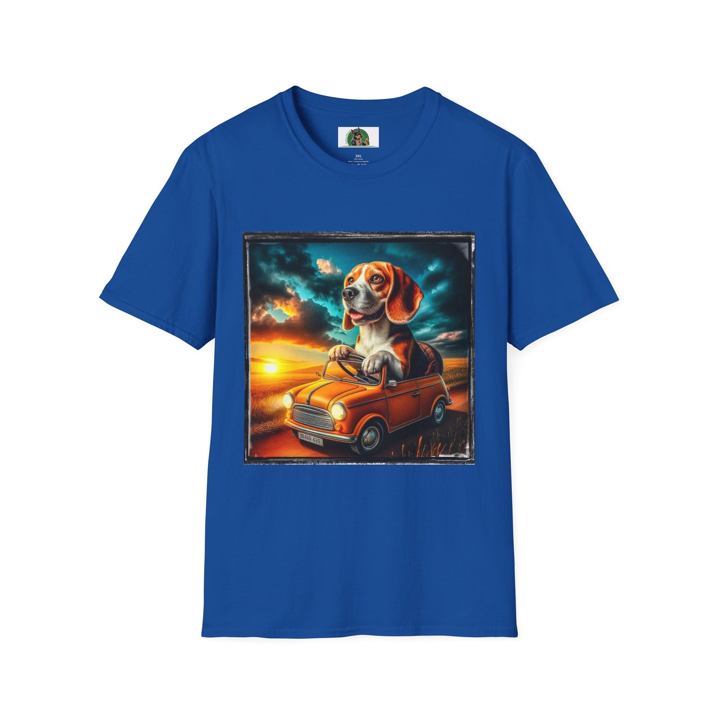 Wacky Beagle Driving Tiny Car In Sunset T-Shirt Printify XS Royal 