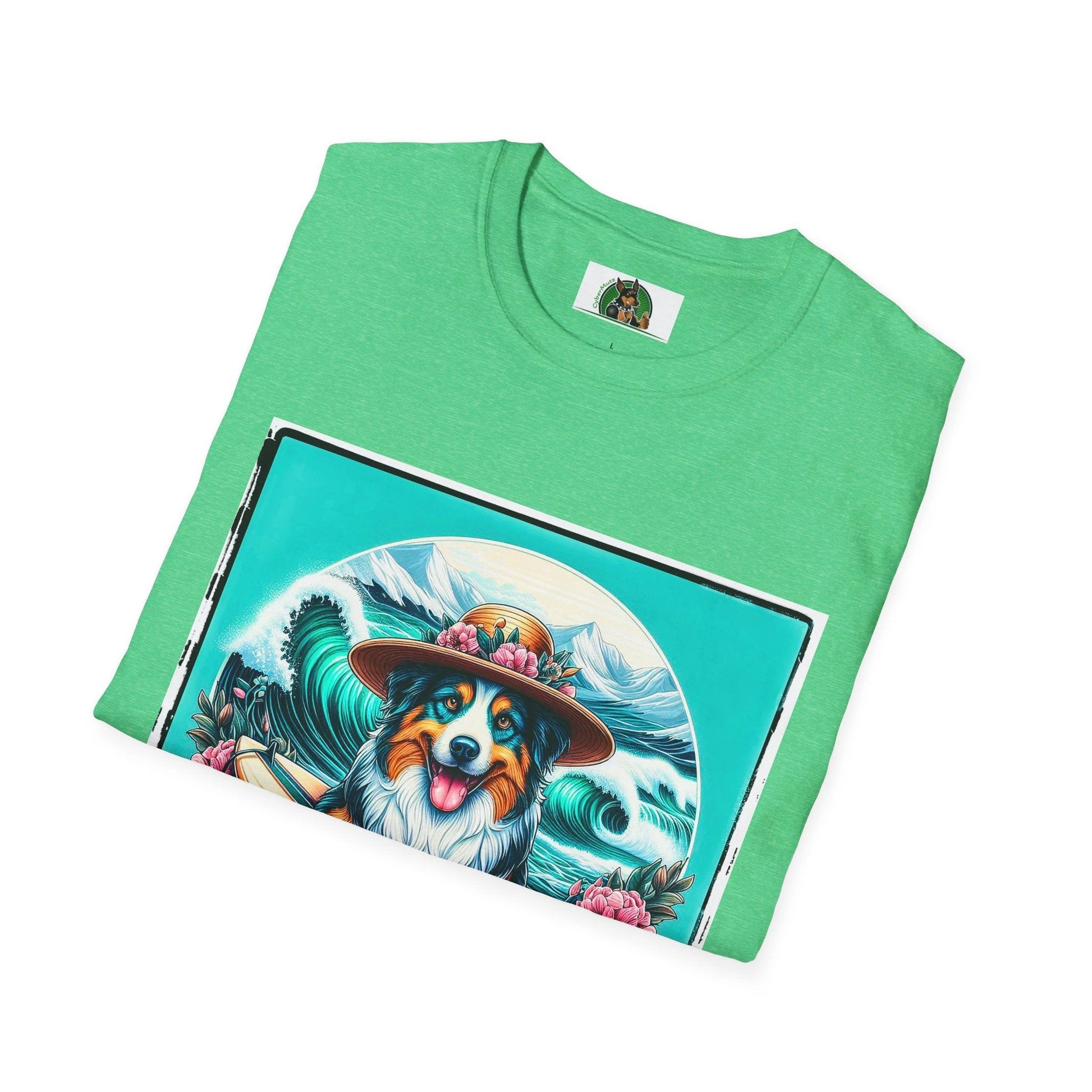 Australian Shepherd Unisex Tee With Floral Hat Surfer Dog Design For Ocean Lovers by Printify