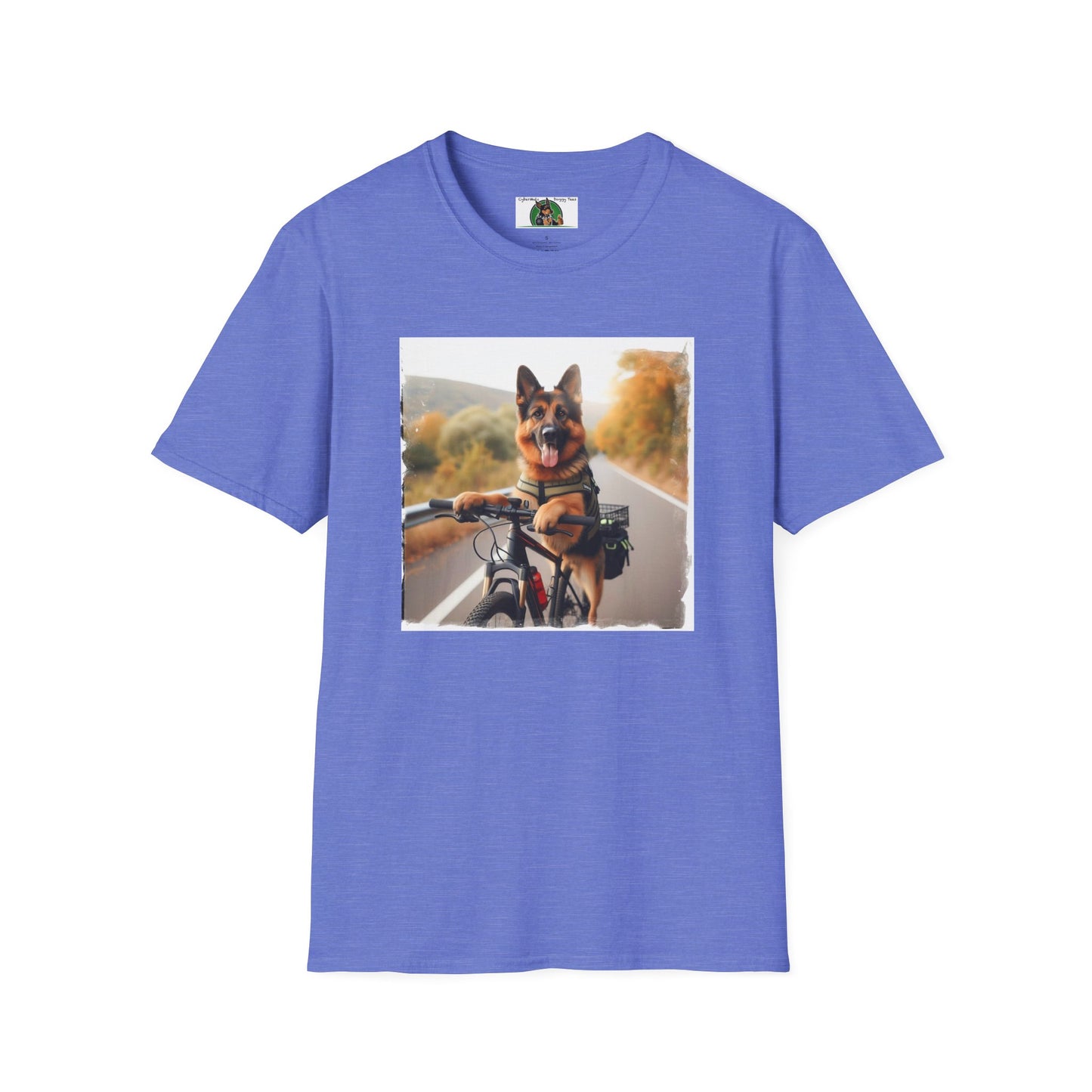 German Shepherd Dog Road Biking! Unisex Softstyle T-Shirt T-Shirt Printify S Heather Royal