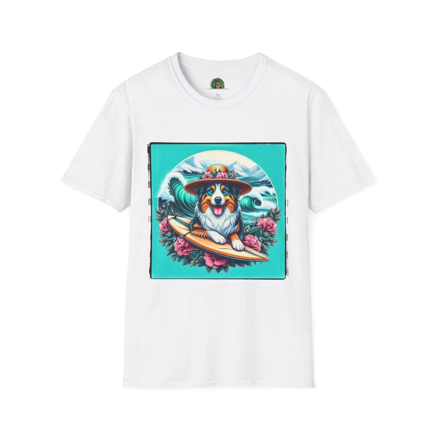 Australian Shepherd Unisex Tee With Floral Hat Surfer Dog Design For Ocean Lovers T-Shirt Printify XS White