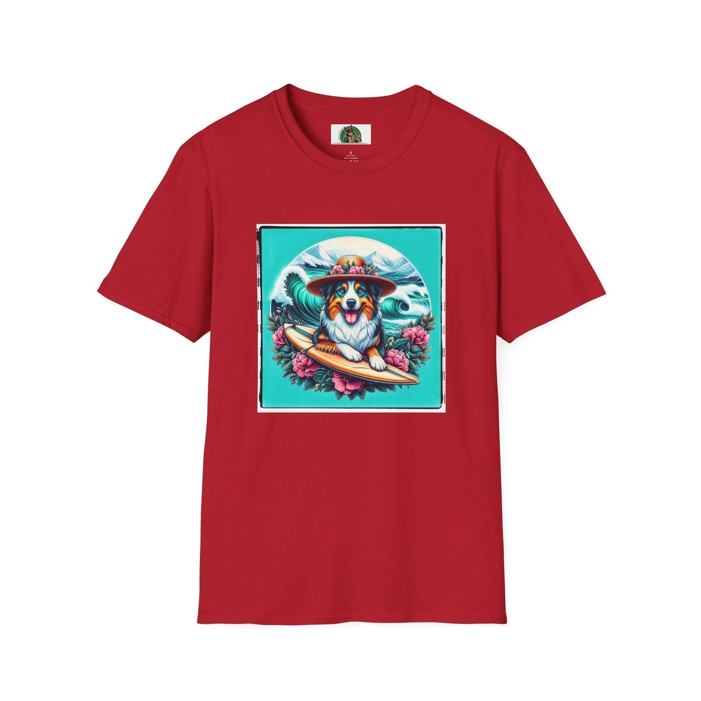Australian Shepherd Unisex Tee With Floral Hat Surfer Dog Design For Ocean Lovers T-Shirt Printify S Cherry Red