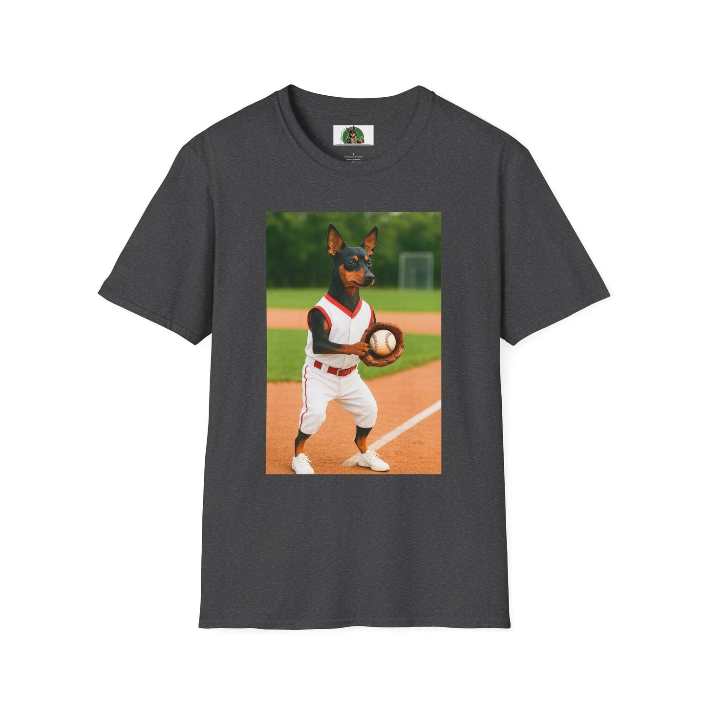 Min Pin Baseball Tee — Miniature Pinscher Dog Lover Sports T-Shirt T-Shirt Printify Dark Heather S