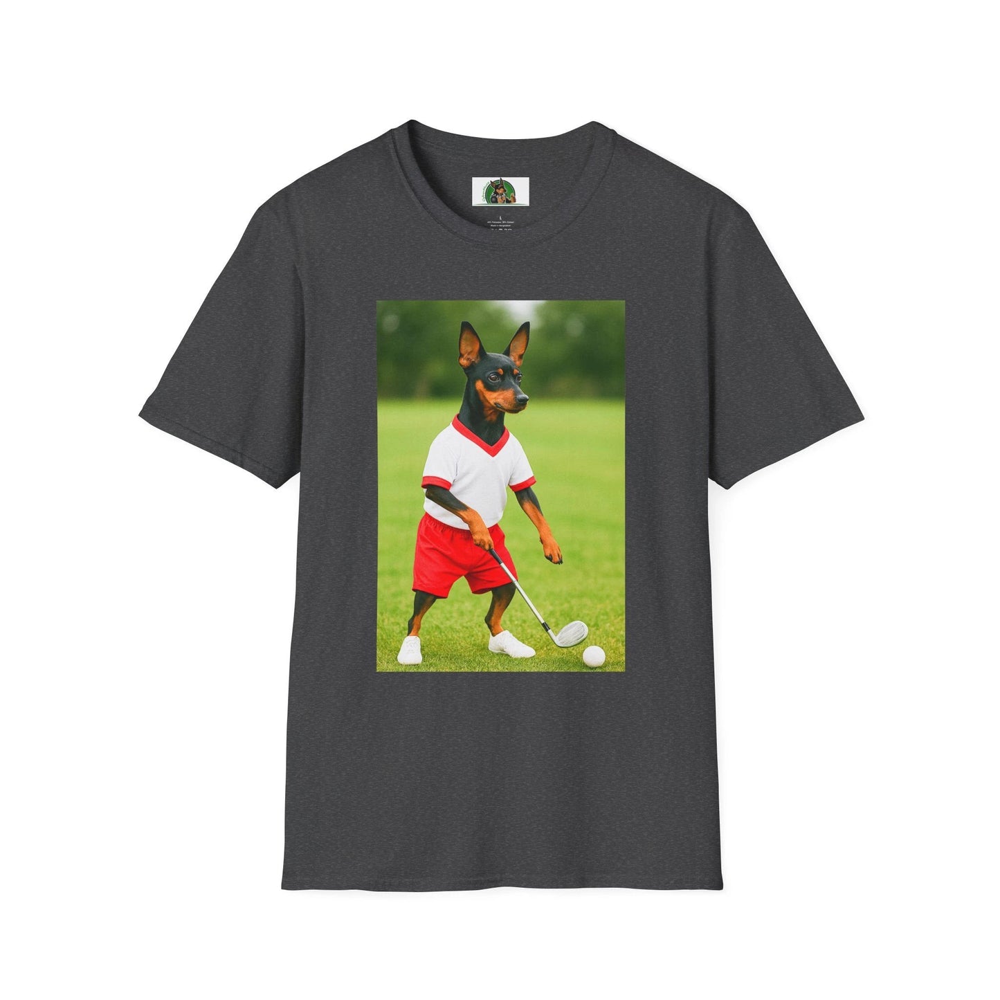 Miniature Pinscher 'Min Pin Golf Tee' T-Shirt — Sports Dog Lover Golf Shirt T-Shirt Printify Dark Heather S