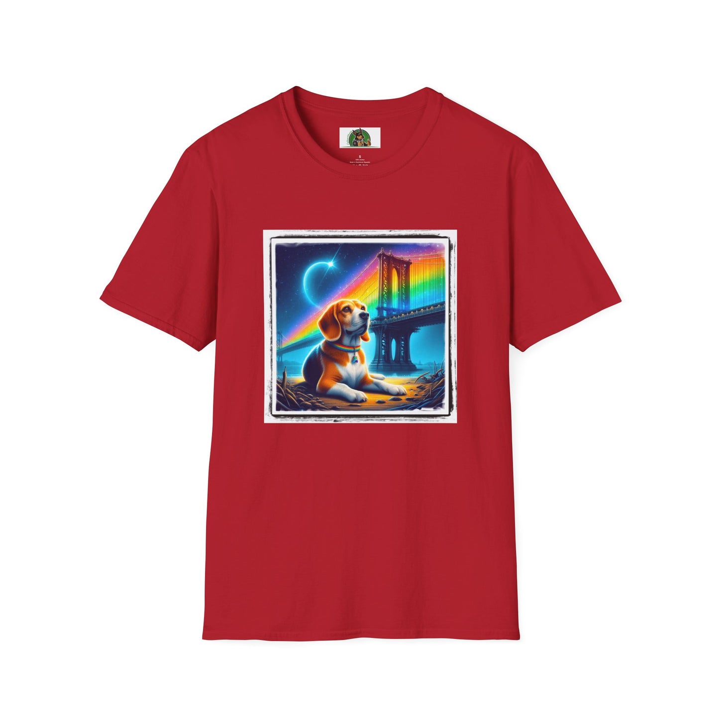 Beagle Sitting Under Rainbow Bridge T-Shirt Printify S Cherry Red 