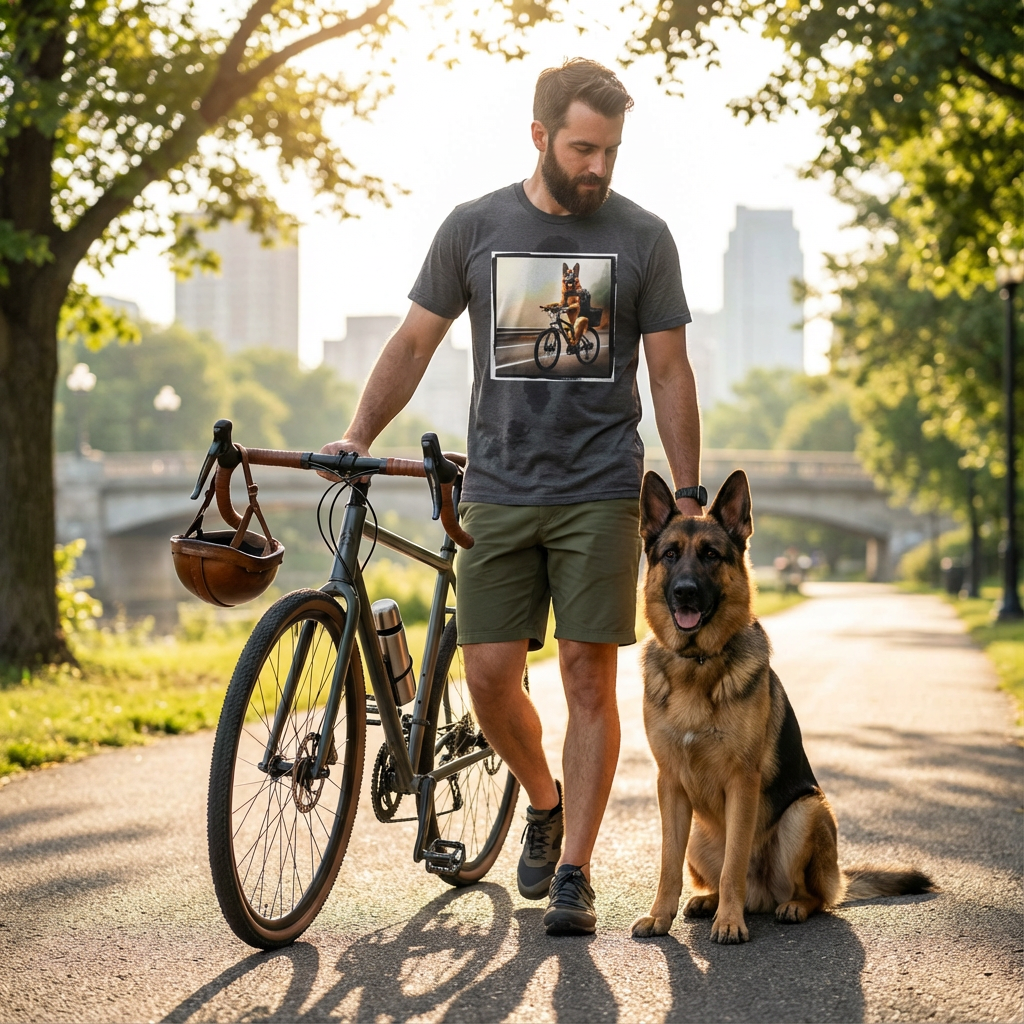 Road Bike German Shepherd Cycling Tee - Quirky Dog Art | CyberMutz T-Shirt Printify