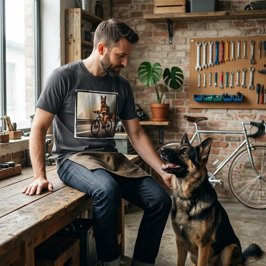 Road Bike German Shepherd Cycling Tee By CyberMutz Quirky Dog Art Shirt For Cyclists And Dog Lovers T-Shirt Printify