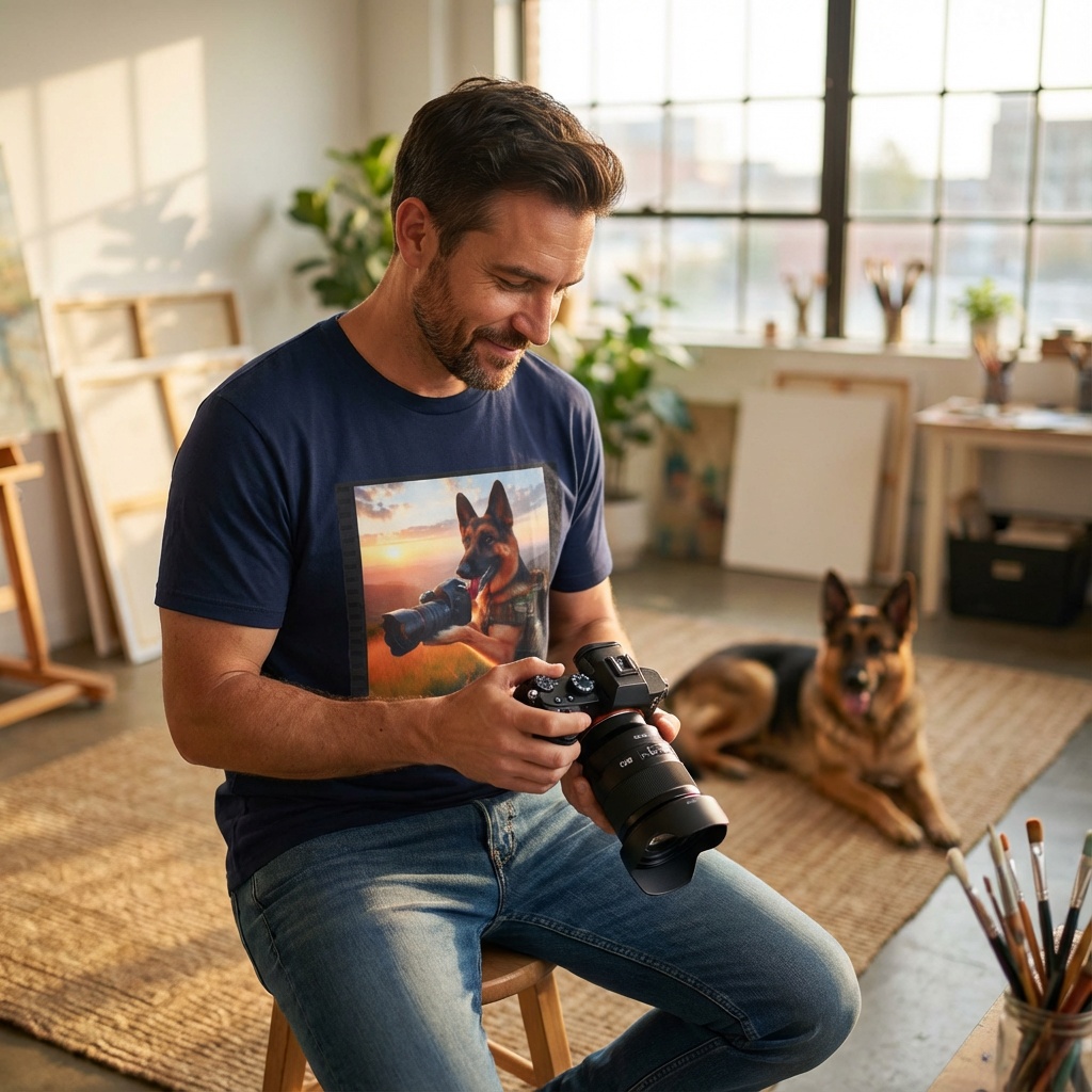 German Shepherd Photographer Tee - Quirky Dog Art | CyberMutz T-Shirt Printify