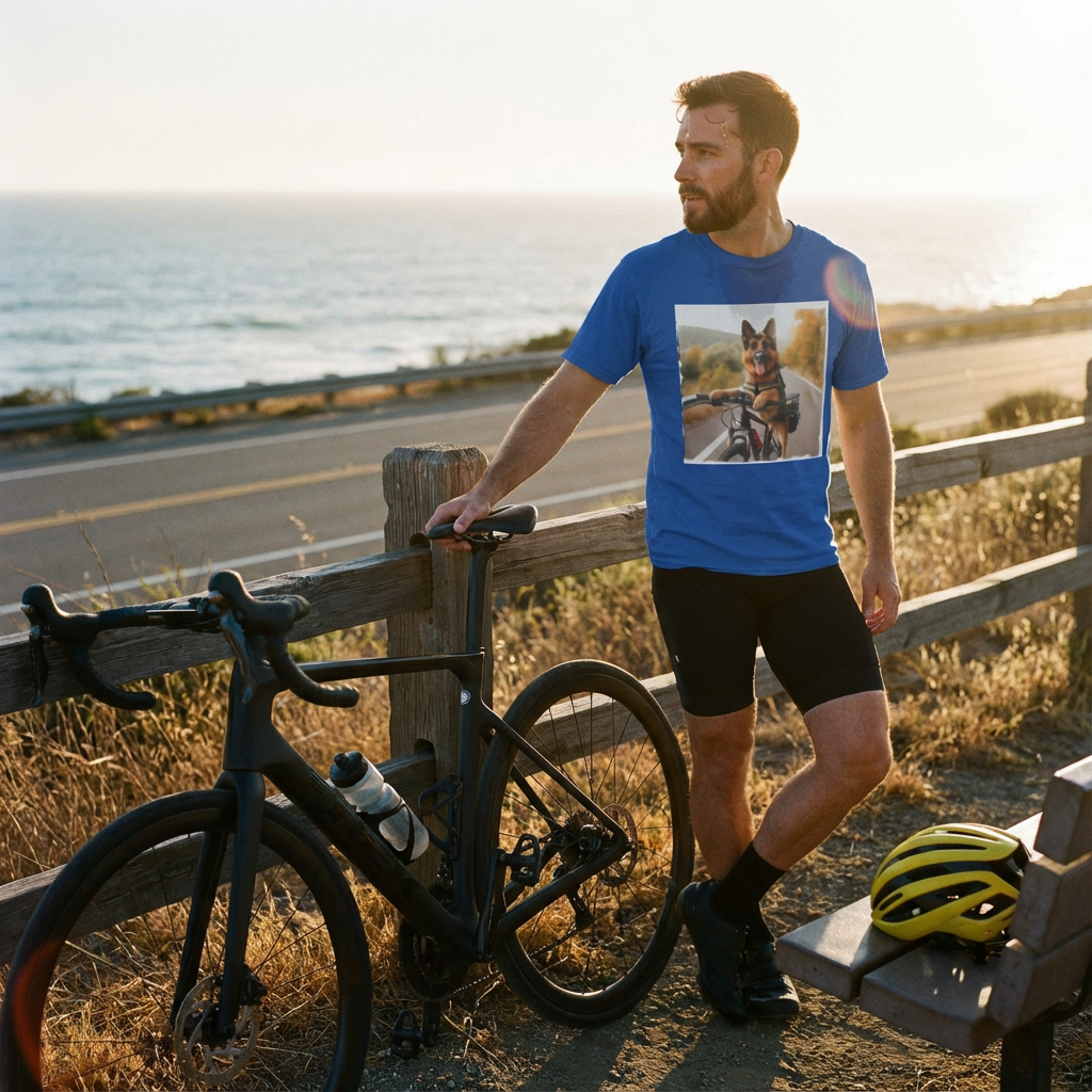 German Shepherd Road Biking Tee - Quirky Cyclist Dog Lover Gift | CyberMutz T-Shirt Printify