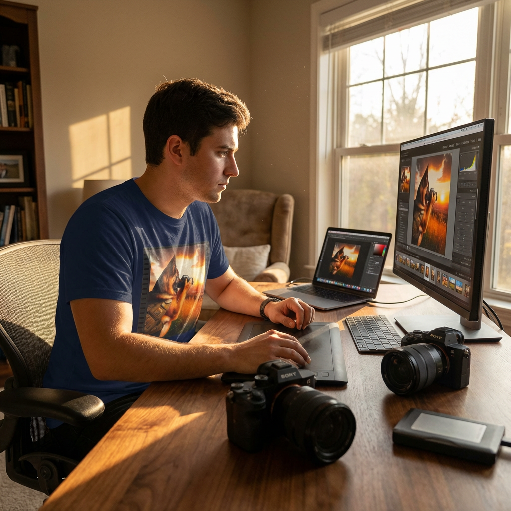 German Shepherd Photography T-Shirt - Quirky Photog Dawg Style | CyberMutz T-Shirt Printify