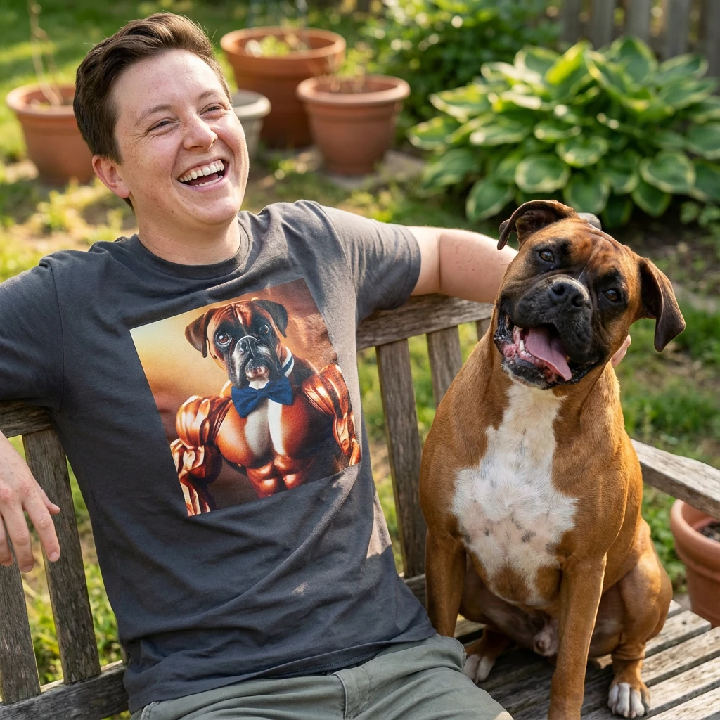 Muscle Boxer Dog Graphic Tee For Dog Lovers Quirky Canine Style CyberMutz Premium Cotton Tee T-Shirt Printify