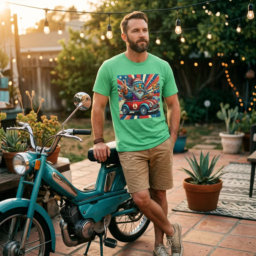 Wacky Old Hippie Dude in a Little Car T-Shirt Printify