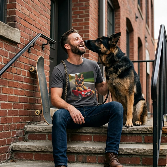 German Shepherd in a Wacky Little Car Unisex Graphic Tee Soft Style Dog Lover Gift T-Shirt Printify