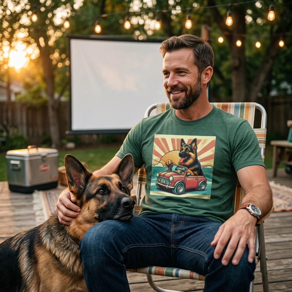 German Shepherd In A Wacky Little Car Unisex T Shirt Humorous Dog Lover Tee Graphic Print Cotton Blend T-Shirt Printify