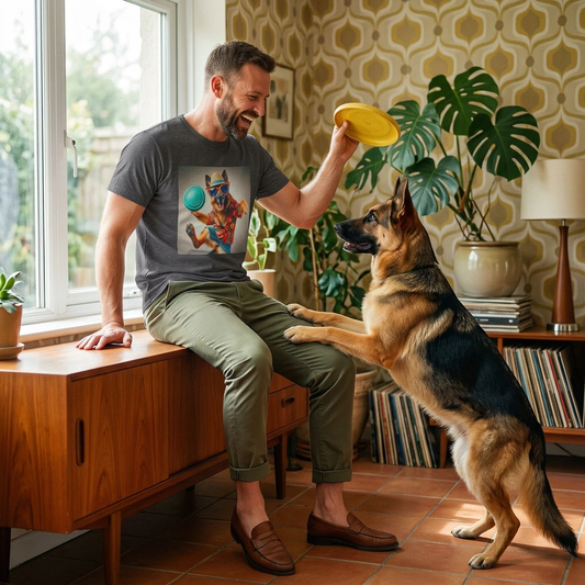 German Shepherd Frisbee Flying T-Shirt T-Shirt Printify