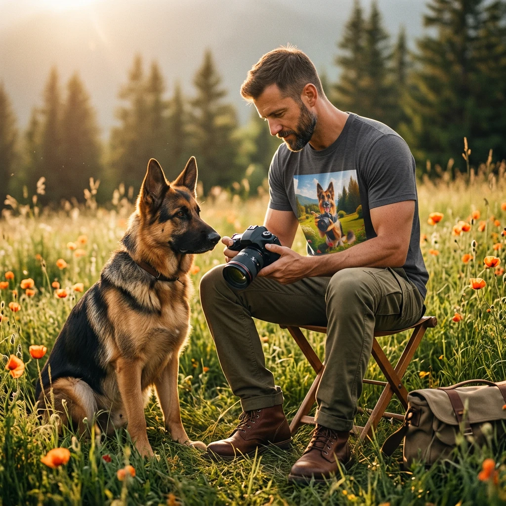 German Shepherd Taking Photos T-Shirt T-Shirt Printify