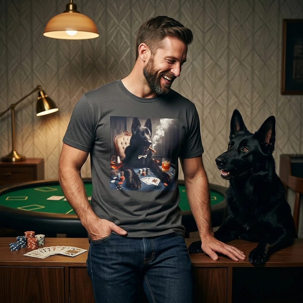 German Shepherd Playing Poker T-Shirt T-Shirt Printify