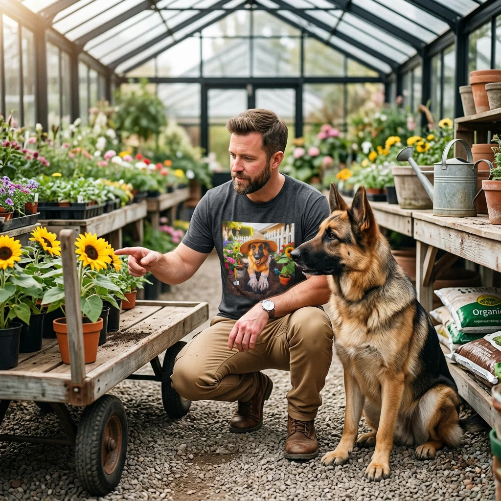 German Shepherd Gardener Graphic Tee T-Shirt Printify