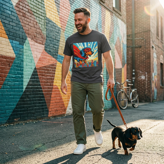 Dachshund Flying Superhero T Shirt For Men Women Unisex Soft Style Cotton Tee Graphic T-Shirt Printify