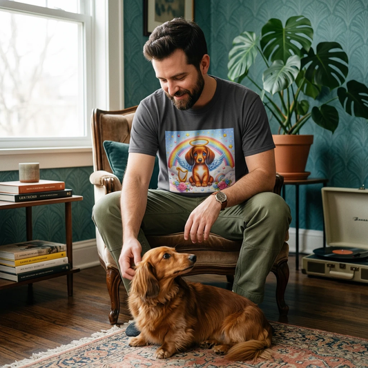 Dachshund Glowing Angel Unisex Soft Style T Shirt 100 Percent Cotton Solid Colors Heathers Polyester Blend T-Shirt Printify