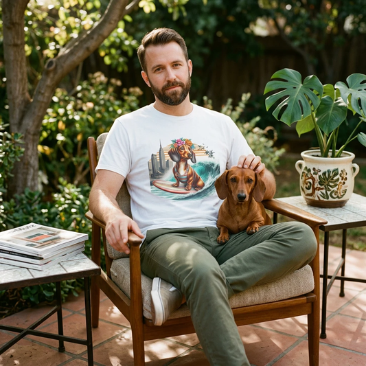 Dachshund Wave Surfing T Shirt Unisex Soft Style Cotton Tee No Side Seams Ribbed Collar Durable Shoulders T-Shirt Printify
