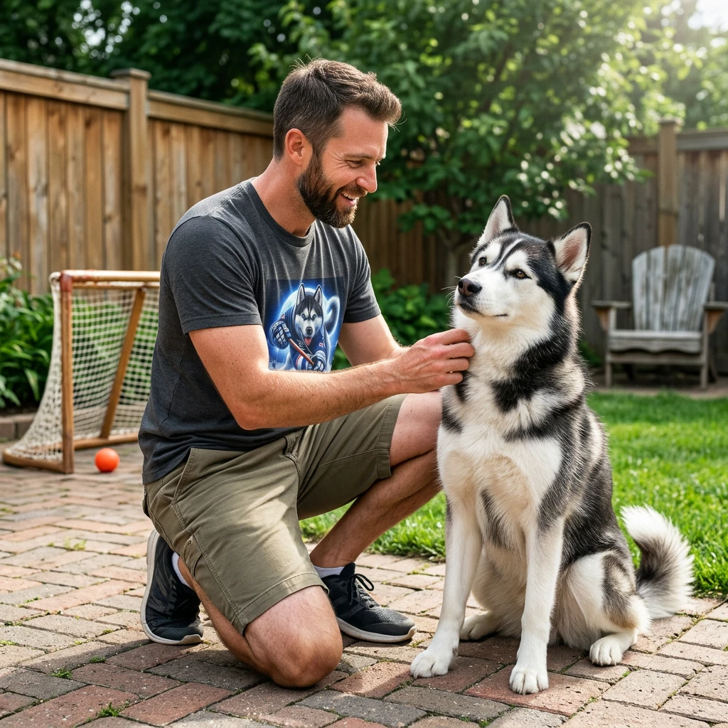 Husky Hockey Player Unisex Cotton Tee - Playful Dog Art | CyberMutz T-Shirt Printify