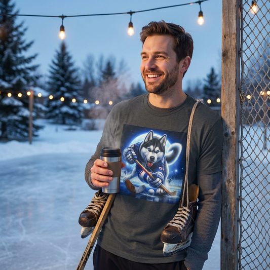 Husky Hockey Player Unisex Cotton Tee - Playful Dog Art | CyberMutz T-Shirt Printify