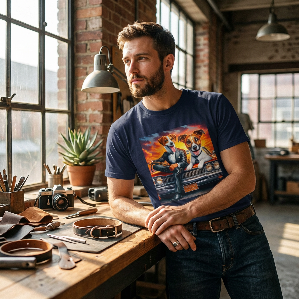 Wacky Jack Russell Cool Driver T-Shirt - Quirky Dog Art | CyberMutz T-Shirt Printify