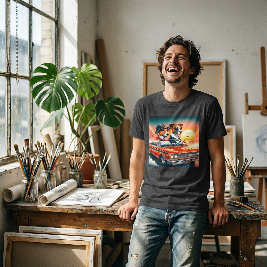 Wacky Jack Russell Couple In Car T-Shirt - Quirky Dog Art | CyberMutz T-Shirt Printify