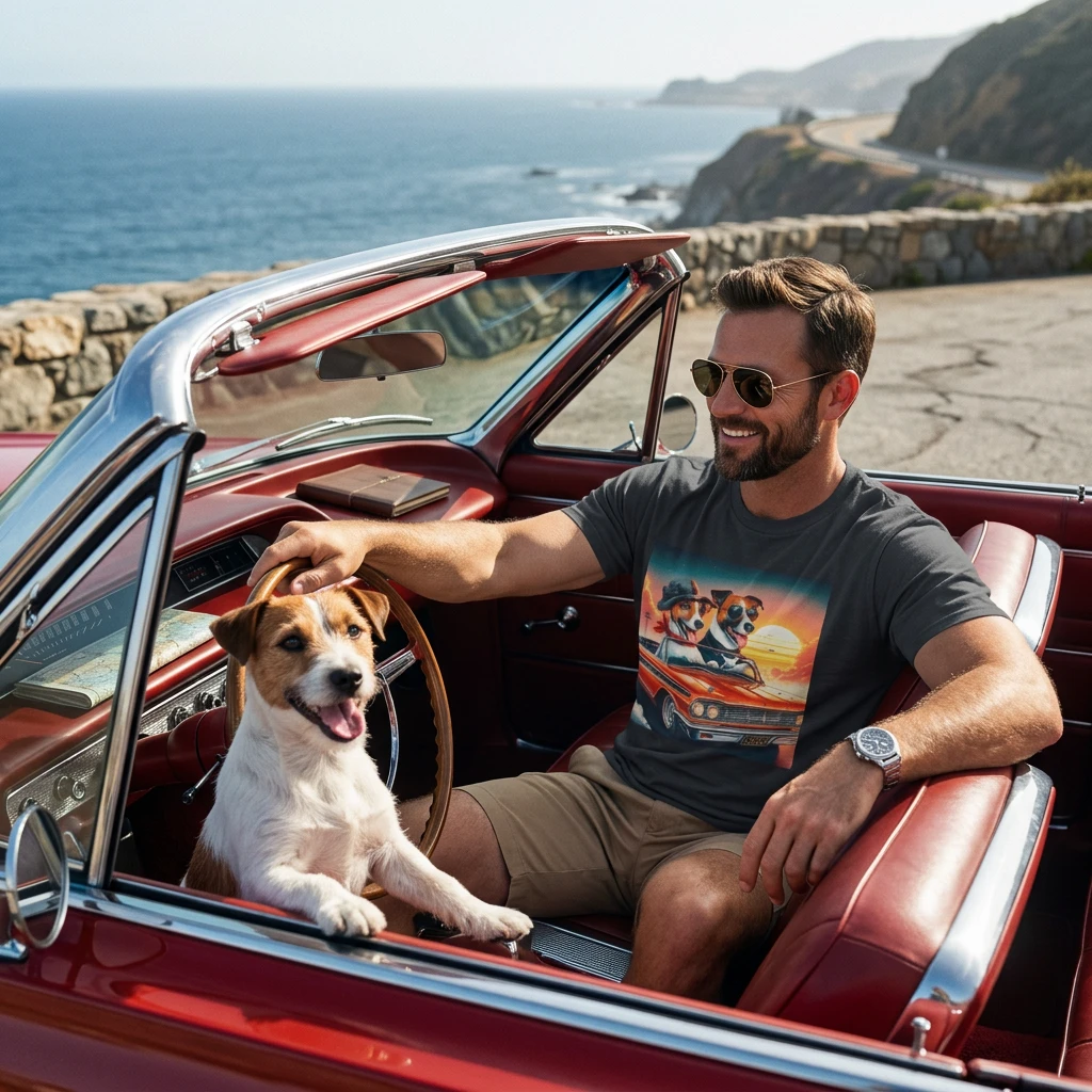 Wacky Jack Russell Couple In Car T-Shirt - Quirky Dog Art | CyberMutz T-Shirt Printify