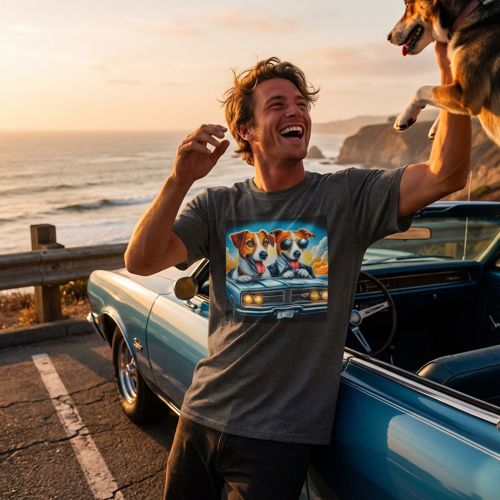 Jack Russell Father and Son Driving T-Shirt - Wacky Dog Design | CyberMutz T-Shirt Printify