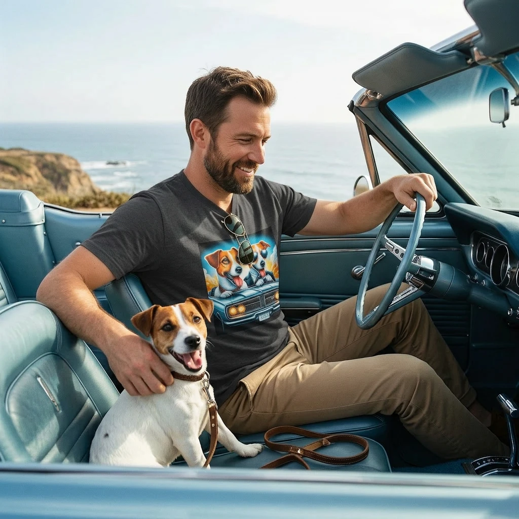 Jack Russell Father and Son Driving T-Shirt - Wacky Dog Design | CyberMutz T-Shirt Printify
