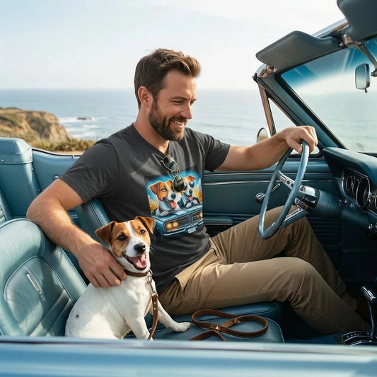 Jack Russell Father and Son Driving T-Shirt - Wacky Dog Design | CyberMutz T-Shirt Printify