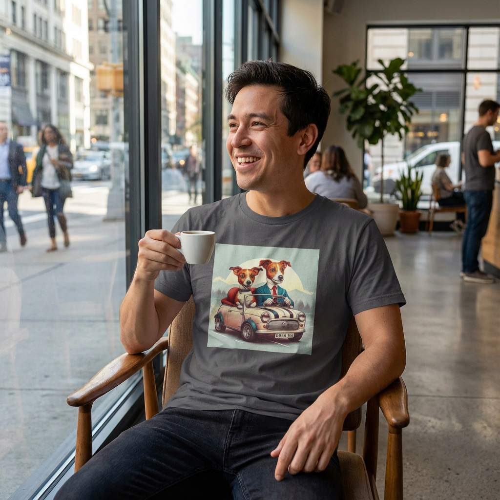 Wacky Jack Russell Couple in Car T-Shirt - Quirky Dog Art | CyberMutz T-Shirt Printify