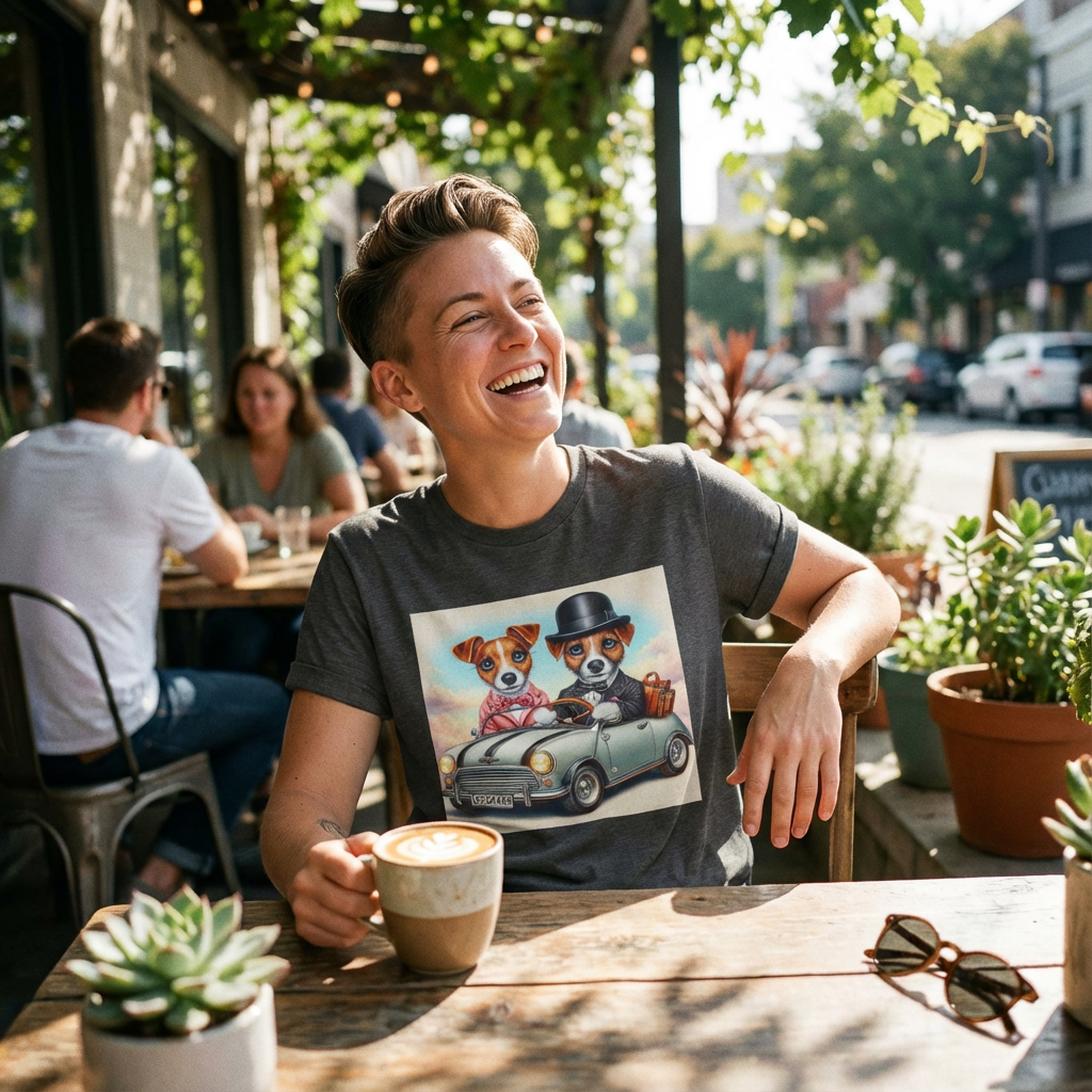 Wacky Jack Russell Top Hat Couple T-Shirt - Quirky Dog Art | CyberMutz T-Shirt Printify